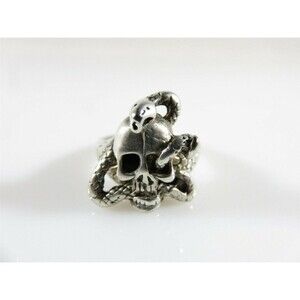 Silver Tone Artisan Signed Biker Skull Ring Size 6.75 Unisex Snake Skull Ring